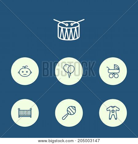 Collection Of Boy, Carriage, Drum And Other Elements.  Set Of 7 Baby Outline Icons Set.