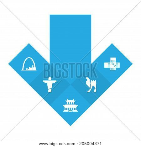Collection Of Architecture, The Forbidden City, China And Other Elements.  Set Of 5 Landmarks Icons Set.
