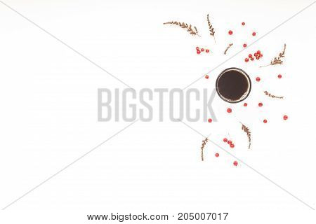Autumn Background. Dried Autumn Flowers, Berry, Cup Of Coffee, On White Background. Flat Lay, Top Vi