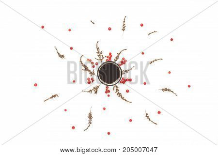 Autumn Background. Dried Autumn Flowers, Berry, Cup Of Coffee, On White Background. Flat Lay, Top Vi