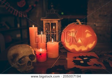 Halloween Creepy Feast Decorative Hand Made Frightening Stuff On Wooden Table Desk Top Cutted Pumpki