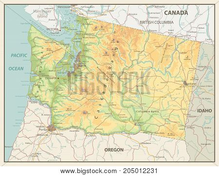 Retro color map of Washington state with a main relief rivers lakes and highways.