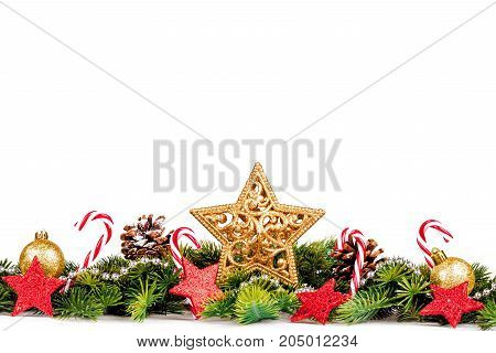 Christmas Border - big star with tree and decoration isolated on white, horizontal banner