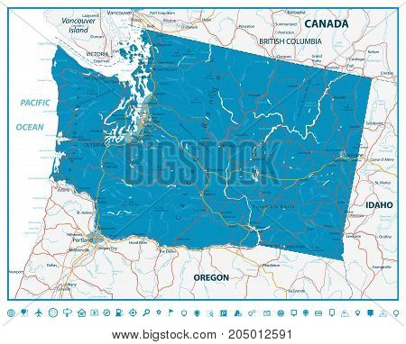 Washington state road map with rivers lakes and highways.