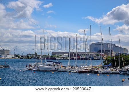 COPENHAGEN, DENMARK - JULY 20: Harbor at the end of Langelinie in Copenhagen, Denmark