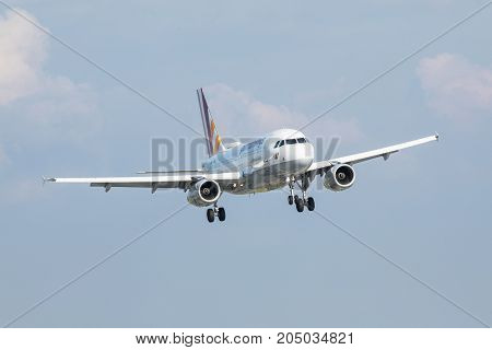 PRAGUE CZECH REPUBLIC - SEPTEMBER 20 2017: Airbus A320 Germanwings Lufthansa Group landing in Prague Airport.