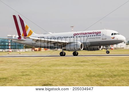 PRAGUE CZECH REPUBLIC - SEPTEMBER 20 2017: Airbus A320 Germanwings Lufthansa Group landing in Prague Airport.