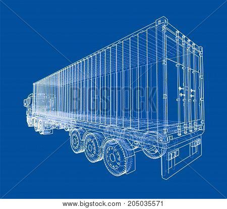 Truck with semitrailer. Vector rendering of 3d. Wire-frame style. The layers of visible and invisible lines are separated