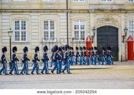 COPENHAGEN, DENMARK - JULY 20: Royal Life Guards at Amalienborg Palace, Copenhagen, Denmark