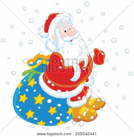 Vector illustration of Santa Claus sitting on the sackful of Christmas presents