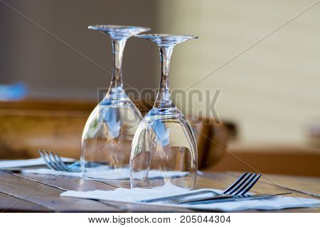 Empty Wine Glasses On The Table Served For Lunch, Dinner In Cafe, Restaurant Outside Or On Terrase