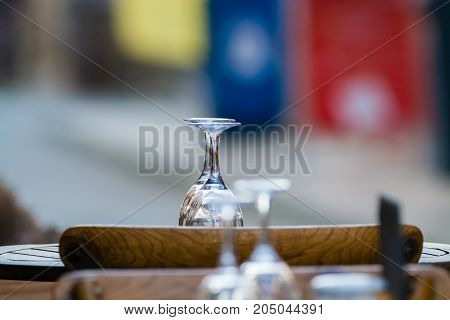 Empty Wine Glasses On The Table Served For Lunch, Dinner In Cafe, Restaurant Outside Or On Terrase