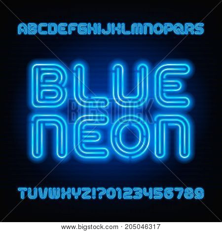 Blue neon tube alphabet font. Neon color letters and numbers. Stock vector typeface for your headers or any typography design.