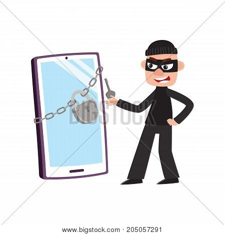 Hacker in mask and huge, giant phone, smartphone with chain and padlock, cartoon vector illustration isolated on white background. Hacker breaking, cracking screen lock, pin code of smartphone, phone