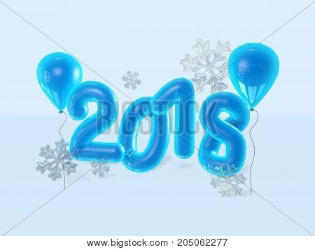 3D illustration of 2018 Happy new year balloons. Happy New Year background with blue number balloons with snowlflakes.