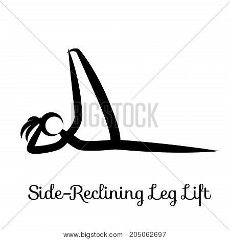 Side-Reclining Leg Lift, Anantasana. Yoga Position. Vector Silhouette Illustration. Vector graphic design or logo element for spa center, studio, poster. Yoga retreat. Black. Isolated