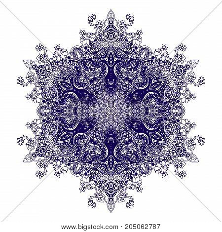 Circular lace paisley pattern. Traditional oriental mandala ornament. Indigo blue outlines on white background. Yoga symbol.