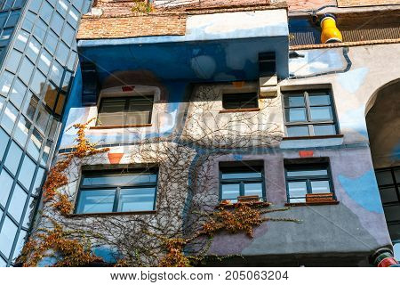 Vienna, Austria - October 14, 2016: Facade Of Huntdertwarsser House In Vienna. The Hundertwasser Hou