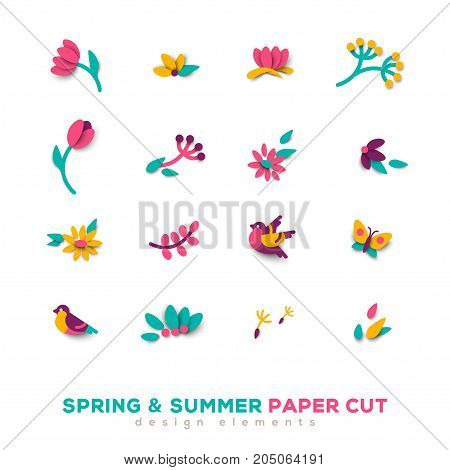 Summer and spring cute paper cut design elements. Vector illustration. Floral natural shapes, flowers, berries and leaves. Pink tulips, sparrow bird and butterfly.