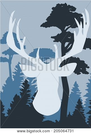 silhouette of a deer with pine forest white background, vector illustration