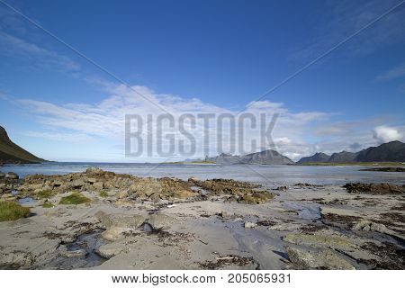 Yttersand Beach located on the northern tip of Moskenesoy Lofoten Islands Norway