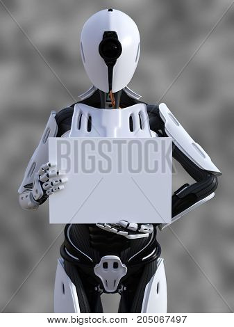 3D rendering of a female android robot holding a blank sign in its hand against a gray background.