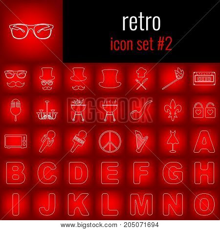 Retro. Icon set 2. White line icon on red gradient backgrpund.