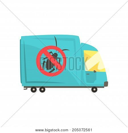 Blue exterminator truck, pest control service cartoon vector illustration isolated on a white background