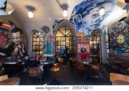 Melbourne Australia - July 29 2017: Bar Ampere is a funky laneway bar on Russell Place. Melbourne is known for its laneway culture.