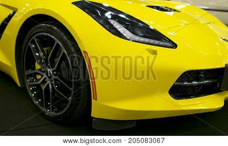 Sankt-Petersburg Russia July 21 2017: Front view of a yellow Chevrolet Corvette Z06. Car exterior details. Photo Taken on Royal Auto Show July 21