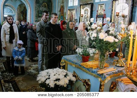 Voyutyn Ukraine - 14 October 2008: Ukrainian Parishioners Of The Orthodox Church During The Religiou