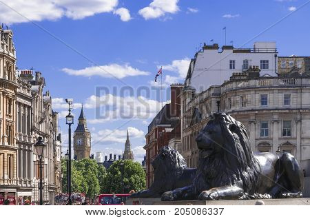 LONDON UK - AUGUST 11 2013; A view of the Big Ben from Trafalgar Square on a hot sunny day.