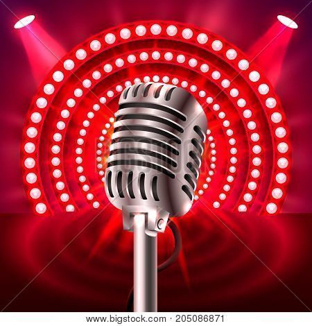 The microphone on the red scene. Vector illustration