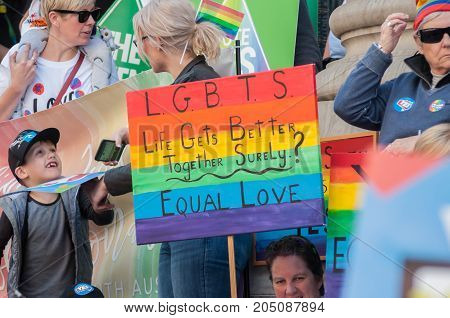 Adelaide, AU - September 16, 2017: Over 5000 supporters of Marriage Equality gather at the South Australian Parliament House for the largest Equal Rights rally held in Adelaide.