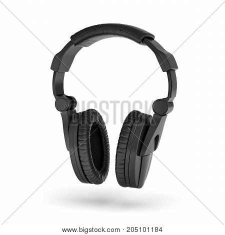 3d rendering of black padded headphones with a headband hanging on white background. Listen to music. DJ equipment. Melomania.