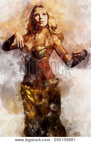 Beautiful blonde belly dancer woman. Digital watercolor painting. Digital art.