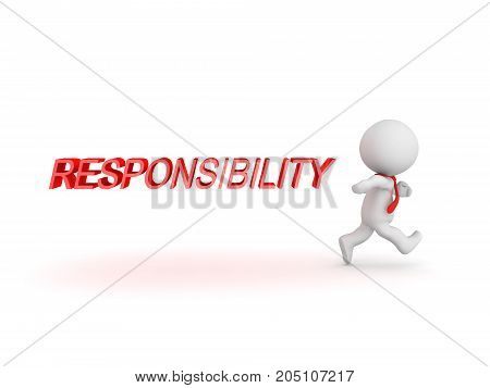 3D Character running away from responsibility. Isolated on white.
