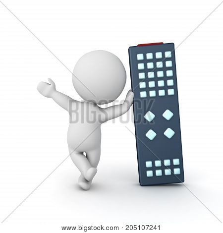 3D Character waving and leaning on giant remote control. Isolated on white.