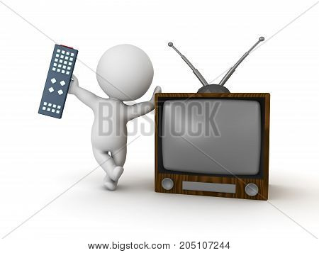 3D Character holding remote control and leaning on retro television. Isolated on white.