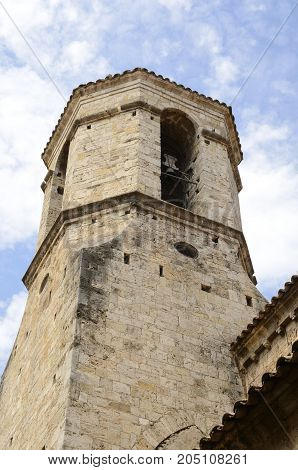 Bell Tower of the romanic church of Saint Vicent in Besalu a town in the comarca of Garrotxa in Girona Catalonia Spain.