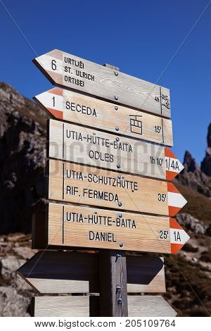 Singpost in the Dolomite mountains, Northern Italy
