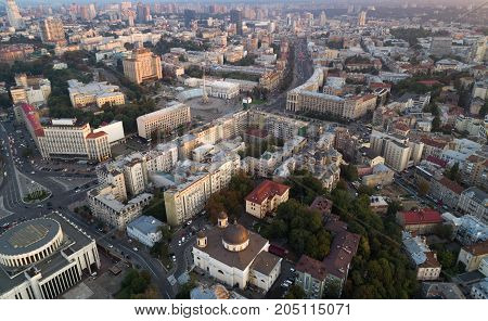Aerial view of the central street of Kiev - Khreshchatyk, the European Square, Independence Square, Stalin and modern architecture. Ukraine