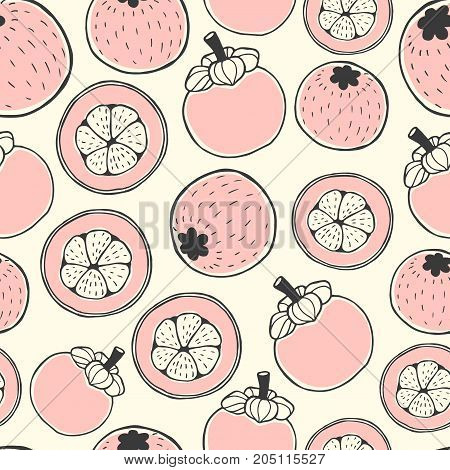 Seamless nature pattern with sketch of berries. Pink vector background with mangosteen. Tropical food.