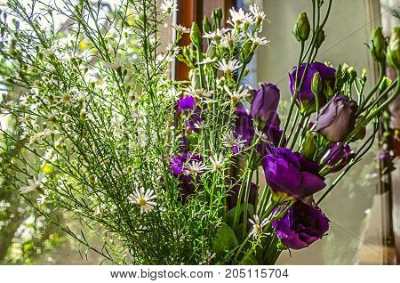 Purple flowers Lisianthus and branches delicate white wildflowers on the windowsill on a bright sunny day