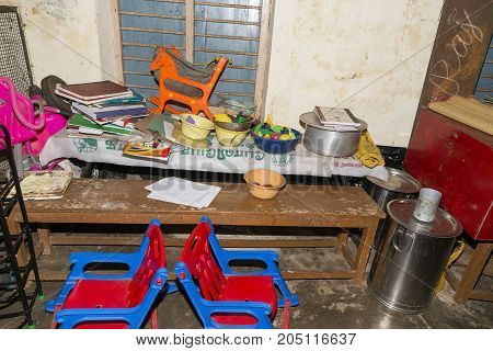 PONDICHERY PUDUCHERY INDIA - SEPTEMBER 04 2017. Child nursery in government school with a few toys. Very poor