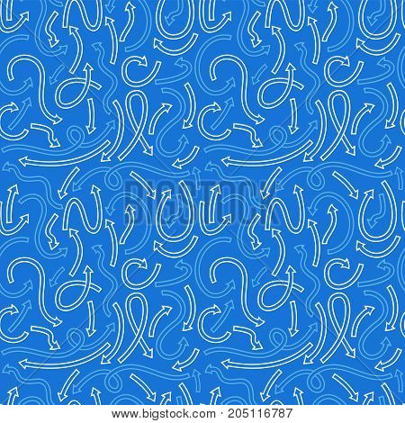 Seamless pattern with different curved arrows. Vector illustration on blue background.