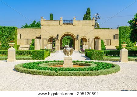ACRE, ISRAEL - SEPTEMBER 18, 2017: The entrance to the Bahai gardens in Acre (Akko) Israel