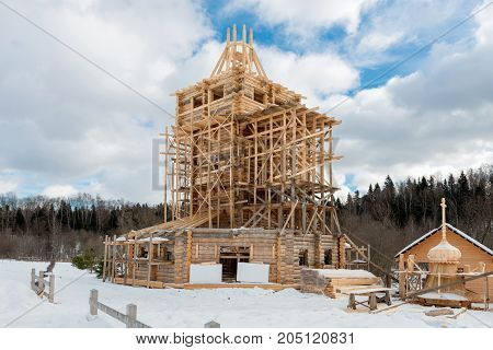 Holy spring gremyachiy Klyuch. Construction of a new temple Svyatogorye. Moscow region Sergiev Posad district village Vzglyadnevo