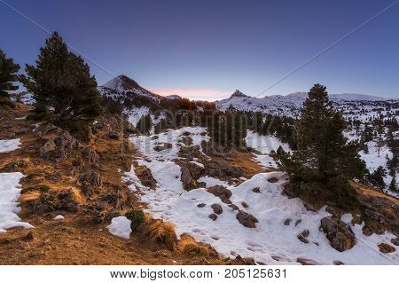 Winter sunrise at Pirineos mountains in Pirineos