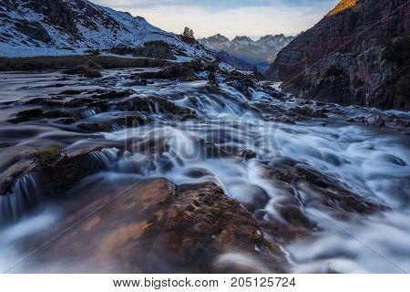 Waterfall in Aguas Tuertas valley in Pirineos
